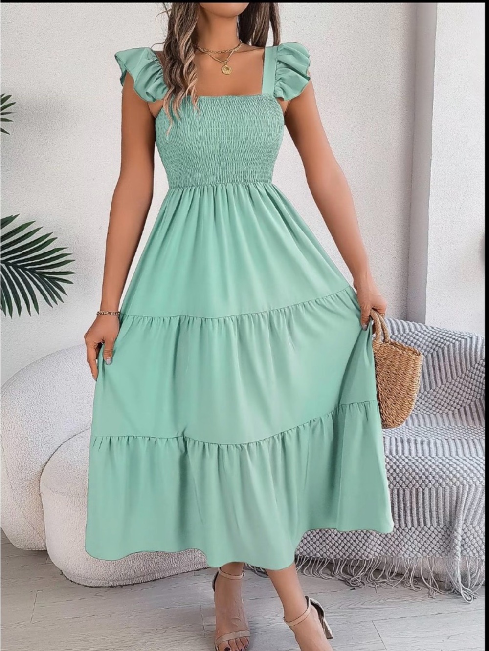 Smocked Square-Neck Midi Dress in Mint